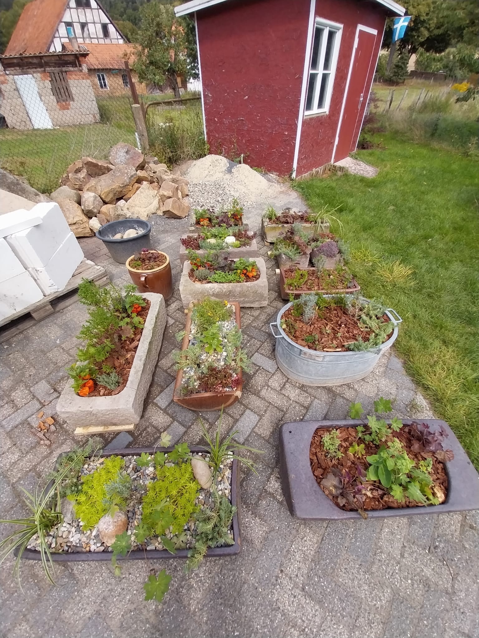 Reihe bepflanzter Steintröge zum Verkauf bei ReyBa Gartengestaltung